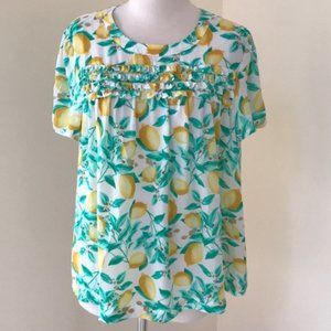 ELLE Lemon Citrus Leaf Ruffled Blouse Size: XL NWT!